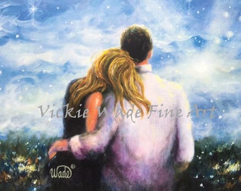 Loving Couple Art Print, blonde girl, young lovers, romantic couple, couple in love, hugging, romantic, anniversary paintings, Vickie Wade