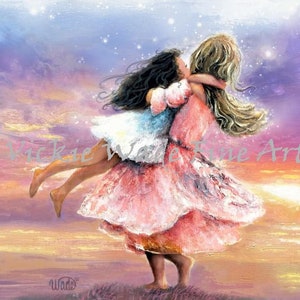 Two Sisters Twirling at Sunset Art Print, two girls spinning, brunette, two daughters, big sister little sister, Vickie Wade Art image 3