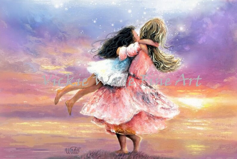 Two Sisters Twirling at Sunset Art Print, two girls spinning, brunette, two daughters, big sister little sister, Vickie Wade Art image 3