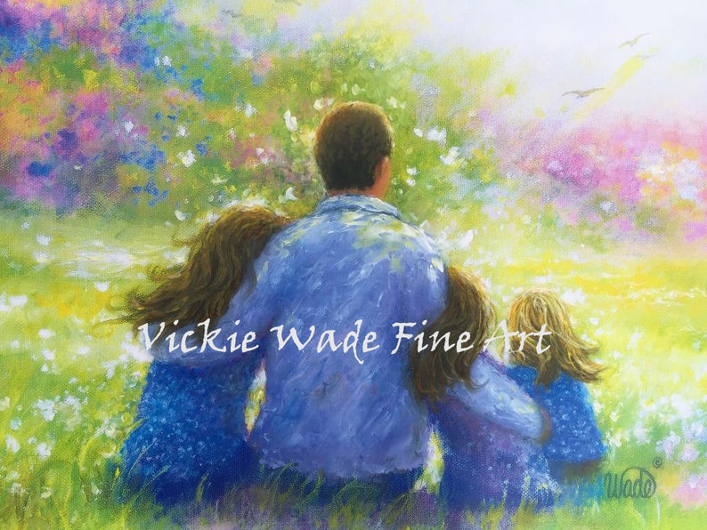 Father Three Daughters Art Print, three sisters, three girls paintings, dad three daughters, father paintings, twins, dad, Vickie Wade art image 3