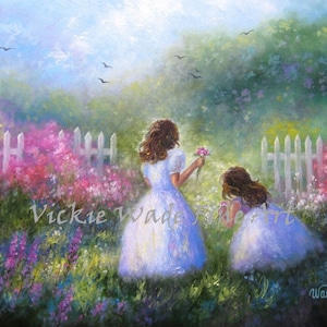 Two Sisters Flower Garden Art Print garden girls, two daughters white dresses, white picket fence, two brunette girls, Vickie Wade art