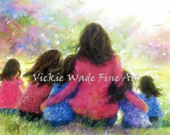 Mother and Five Daughters Art Print, five sisters wall art, mom hugging five brunette girls sitting in flower garden, Vickie Wade art