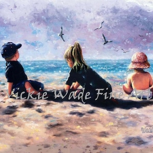 Three Beach Children Art Print, three beach kids playing in sand, beach wall art, beach wall decor, Vickie Wade Art