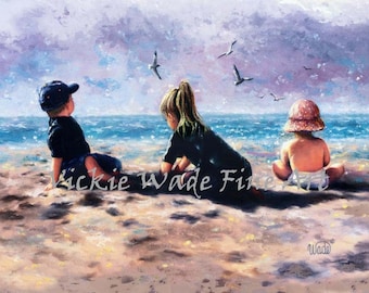 Three Beach Children Art Print, three beach kids playing in sand, beach wall art, beach wall decor, Vickie Wade Art