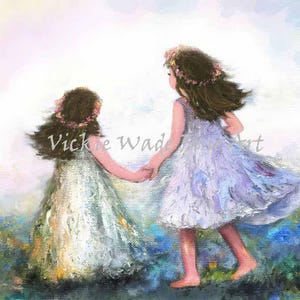 Two Sisters Holding Hands Art Print, two girls, two daughters brunette girls flowers, flowers in hair girls, Vickie Wade