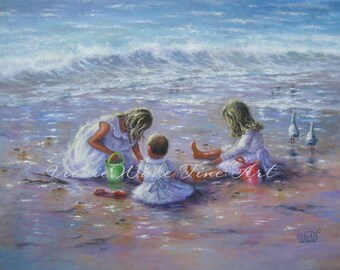 Three Beach Girls Art Print, beach children, three sisters, three blonde girls beach wall decor, Vickie Wade art