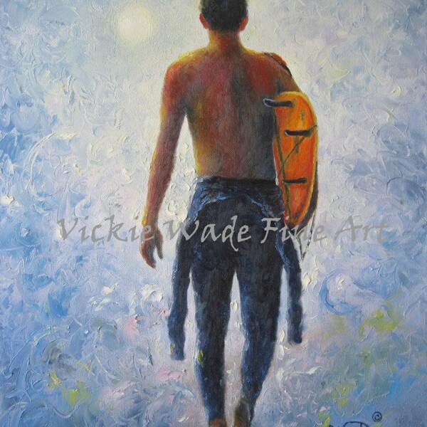 Surfer ORIGINAL Oil Painting 12X16, going surfing, blue, orange, wet suit, young man, surf man, surfer paintings, wall decor Vickie Wade Art