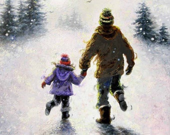 Father Daughter Art Print, dad and daughter wall art, winter, playing, dad Christmas gift, snow painting, fatherhood, Vickie Wade Art