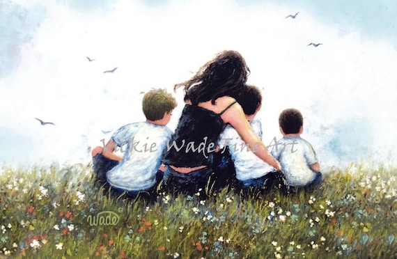 Mother and Three Sons Art Print: Mom Hugging Boys, Vickie Wade Art