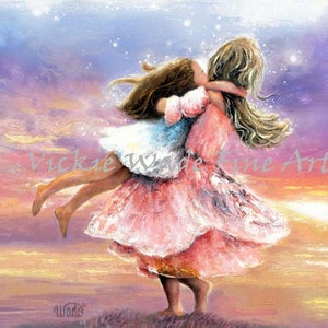 Two Sisters Twirling at Sunset Art Print, two girls spinning, brunette, two daughters, big sister little sister, Vickie Wade Art image 5