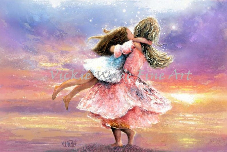 Two Sisters Twirling at Sunset Art Print, two girls spinning, brunette, two daughters, big sister little sister, Vickie Wade Art image 5