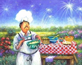 Picnic Chef Art Print, chef art, 4th of July fat chefs, kitchen art, picnic chef paintings, chef prints, fourth of July chef,Vickie Wade Art