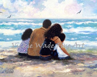 African American Family Son and Daughter Beach Art Print, black son, daughter, black boy and girl, black family, biracial, Vickie Wade Art