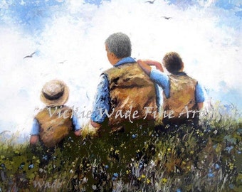 Father and Two Sons Art Print grandpa gray hair, two grandsons talking in the meadow, two brothers, two boys, father gift, Vickie Wade Art