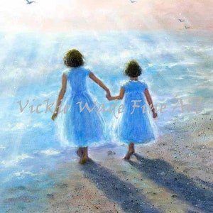 Two Beach Sisters Art Print, two girls beach children ocean paintings two sisters beach wall decor, painting, heavenly,  Vickie Wade art