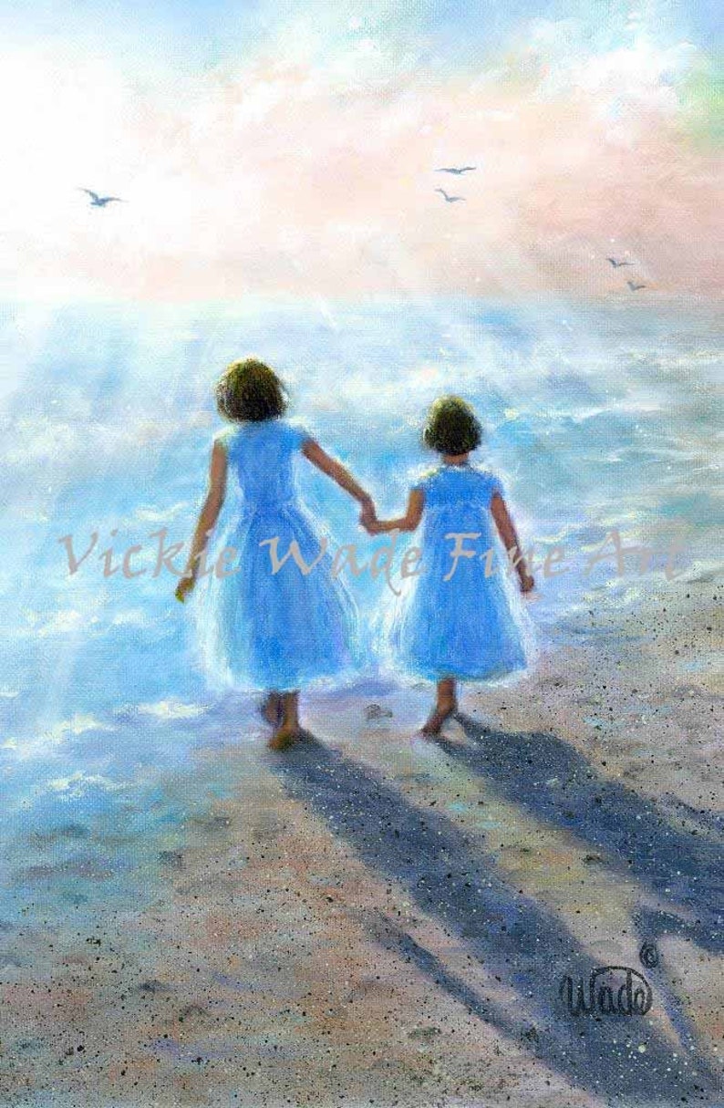 Two Beach Sisters Art Print, two girls beach children ocean paintings two sisters beach wall decor, painting, heavenly, Vickie Wade art image 1