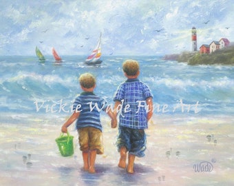 Two Beach Boys Art Print two brothers, beach wall art, boys room, beach art, sailboats, lighthouse, ocean, little boys bedroom art Wade Art