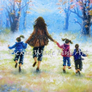 Mother Three Daughters Art Print, three girls, mom, out for a walk in the trees, three sisters, mom gift, art, painting, Vickie Wade art