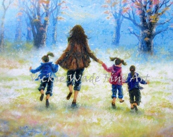 Mother Three Daughters Art Print, three girls, mom, out for a walk in the trees, three sisters, mom gift, art, painting, Vickie Wade art