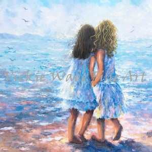 Dos hermanas Beach Arte Impresión de la playa chicas de playa, dos chicas de playa, morena hermana y rubia rizada hermana, susurrando, océano, Vickie Wade arte