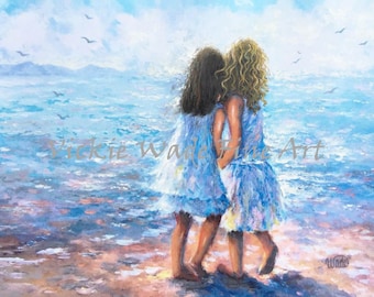 Two Sisters Beach Art Print beach girls, two beach girls, brunette sister and curly blonde sister, whispering, ocean, Vickie Wade art