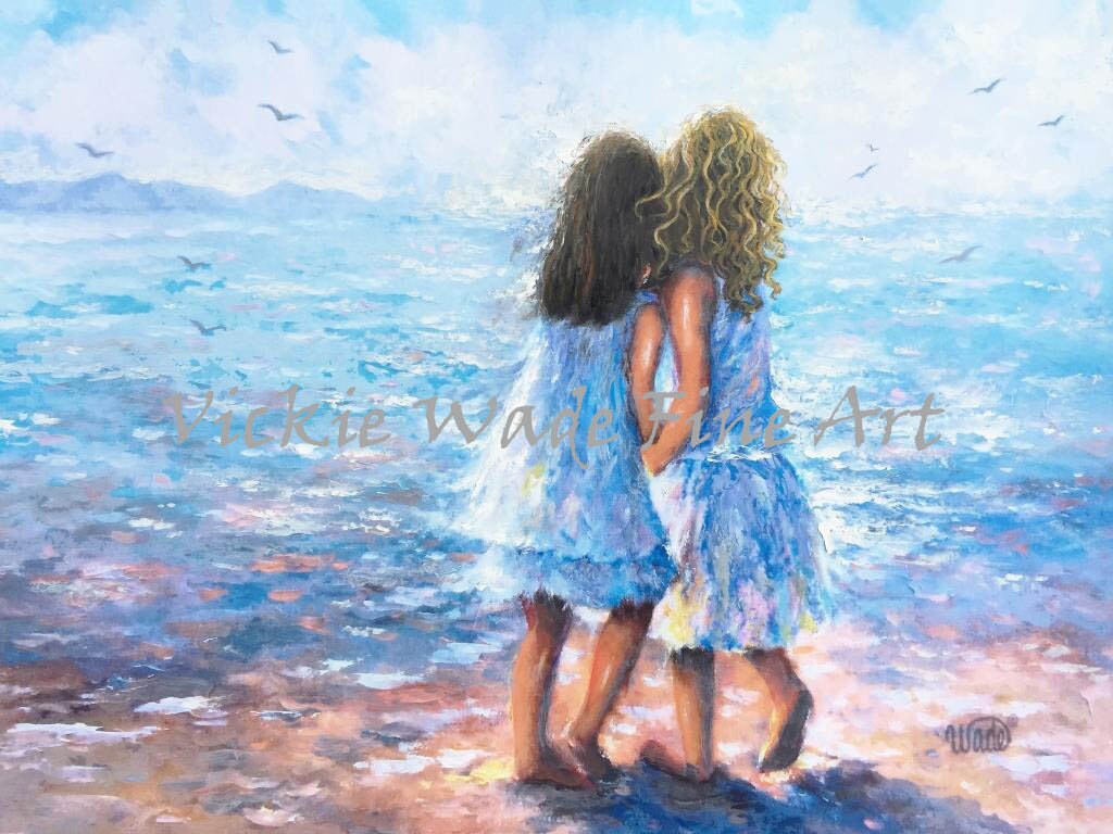 Two Sisters Beach Art Print Beach Girls, Two Beach Girls, Brunette Sister  and Curly Blonde Sister, Whispering, Ocean, Vickie Wade Art - Etsy