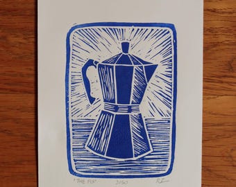 Coffee Moka Pot Linocut Print: Handmade Original Art For The Kitchen