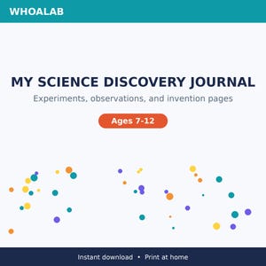 Könnte beinhalten: Ein weißes digitales Journal-Cover mit dem Titel MY SCIENCE DISCOVERY JOURNAL und dem Untertitel Experiments, observations, and invention pages. Es enthält eine türkise Kopfzeile mit WHOALAB, einen orangefarbenen Ages 7-12 Button und bunte Punkte.