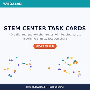 May include: A digital product display for STEM CENTER TASK CARDS by WHOALAB. The text reads 40 build and explore challenges with leveled cards, recording sheets, rotation chart, and GRADES 2-6. The design features scattered colorful dots.