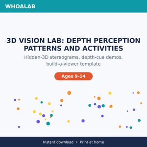 Può includere: Un documento educativo bianco intitolato WHOALAB 3D VISION LAB: DEPTH PERCEPTION PATTERNS AND ACTIVITIES. Include stereogrammi 3D nascosti, demo sulla percezione della profondità e un modello da costruire per 9-14 anni, decorato con punti colorati.