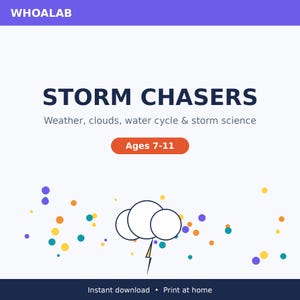 Może przedstawiać: Cyfrowy dokument edukacyjny zatytułowany WHOALAB STORM CHASERS Weather, clouds, water cycle & storm science. Zawiera pomarańczowy przycisk z napisem Ages 7-11, centralny rysunek liniowy chmury z błyskawicą oraz rozproszone kolorowe kropki.