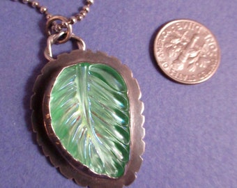 Green glass leaf sterling silver oxidized pendant