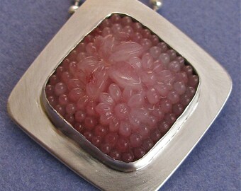 Molded pink glass sterling silver pendant necklace