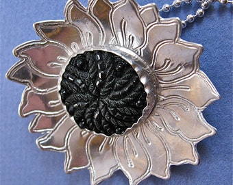 Large etched sterling silver sunflower pendant necklace