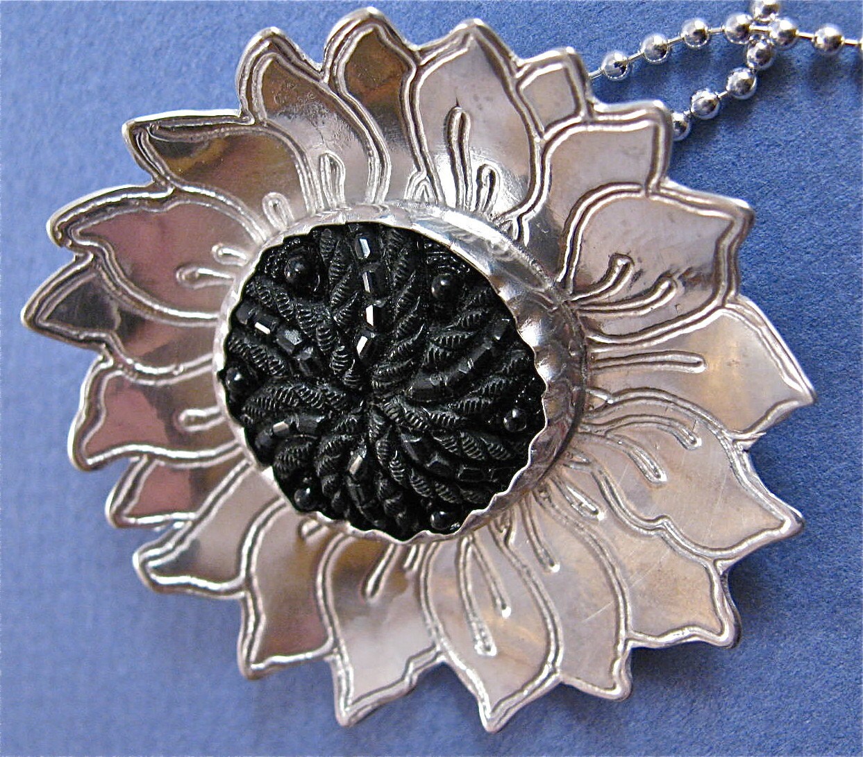 Large Etched Sterling Silver Sunflower Pendant Necklace Etsy
