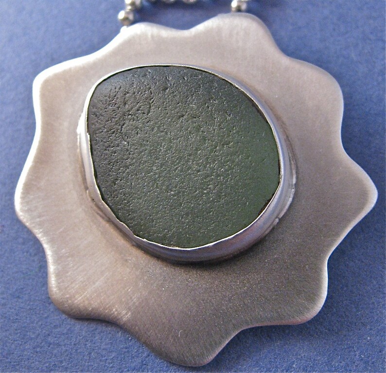 Green beach glass bezel set sterling silver pendant necklace