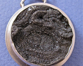 Black drusy deep space sterling silver pendant necklace