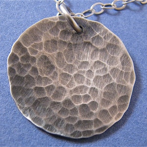 Hammered, oxidized sterling silver disk pendant necklace