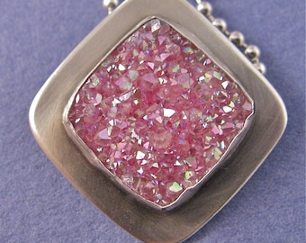 Pink square drusy sterling silver pendant necklace