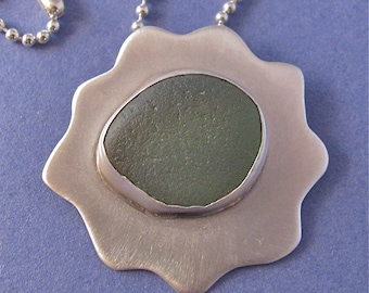 Green beach glass bezel set sterling silver pendant necklace
