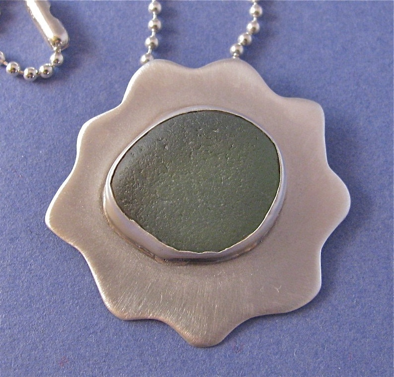 Green beach glass bezel set sterling silver pendant necklace