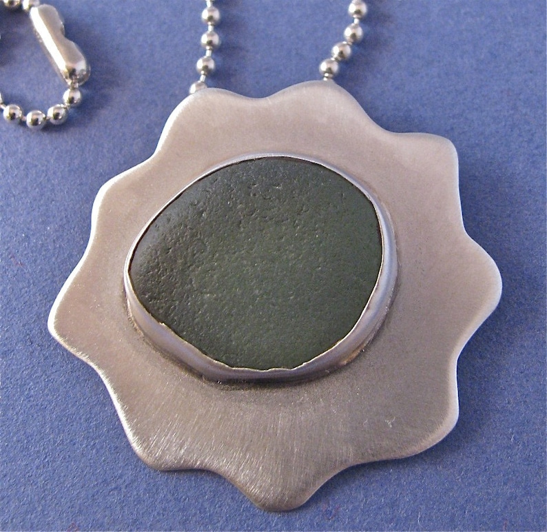Green beach glass bezel set sterling silver pendant necklace