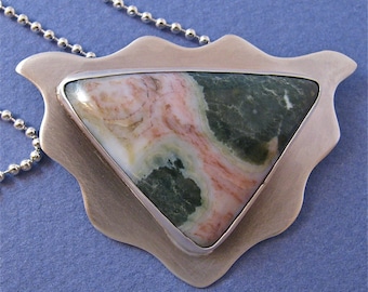 Pink/green triangular ocean jasper sterling silver pendant necklace