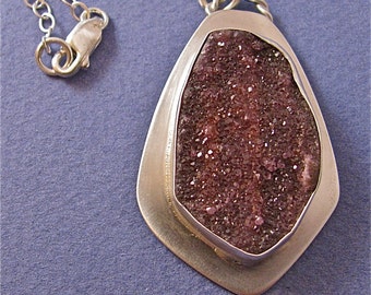 Rhodochrosite drusy sterling silver pendant necklace