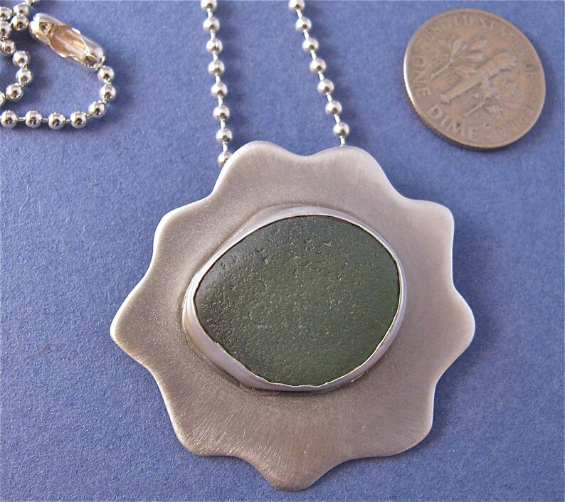 Green beach glass bezel set sterling silver pendant necklace