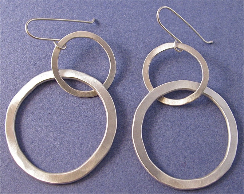 Large hammered sterling silver two-link dangle drop earrings image 1