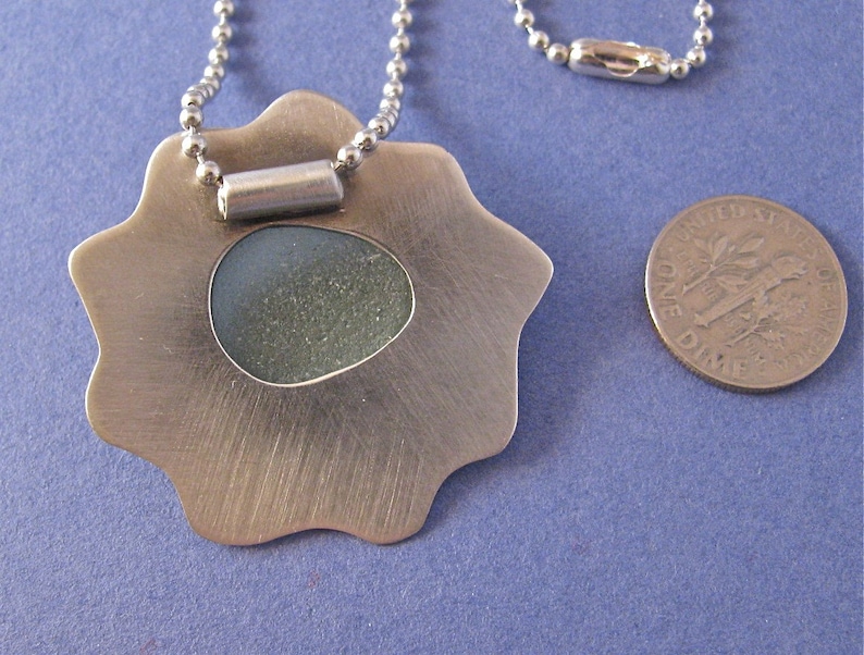 Green beach glass bezel set sterling silver pendant necklace