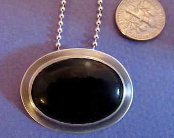 Sterling silver bezel set black onyx cabochon pendant necklace