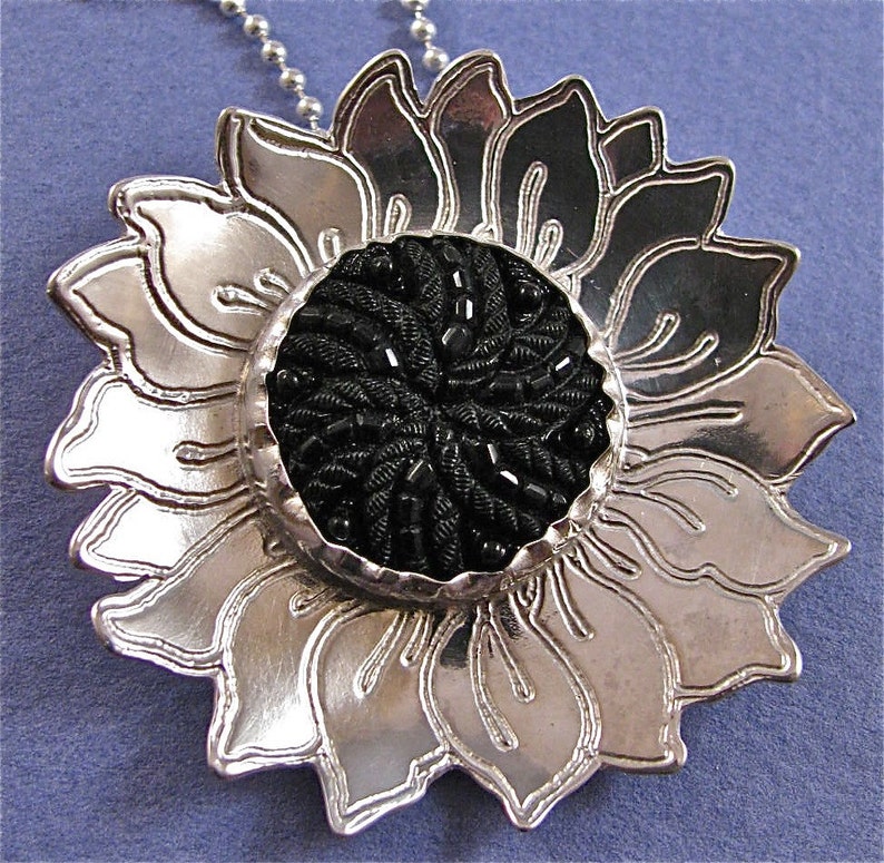 Large Etched Sterling Silver Sunflower Pendant Necklace Etsy