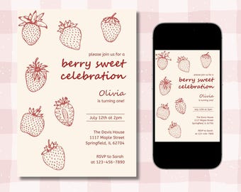 Strawberry Birthday Party Invite, Berry Sweet, Canva Template (Digital)